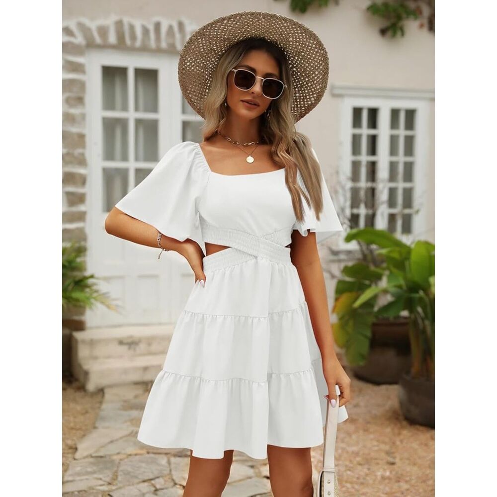 White Cutout Ruffle Mini Sundress S Rayon Smock Tier Flutter Boho Resort Bridal - Picture 10 of 11